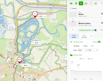 Obr. 1: plán pěšího výletu se zobrazením výškového profilu, aktuálního počasí a 3D pohledu (mapy.cz)
